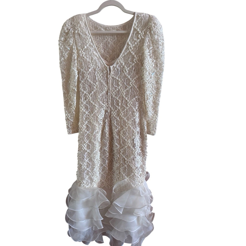 Vintage Pat Richards Cocktail Wedding Dress Ivory Lace Body Ruffled Hem *No Size - Picture 4 of 12